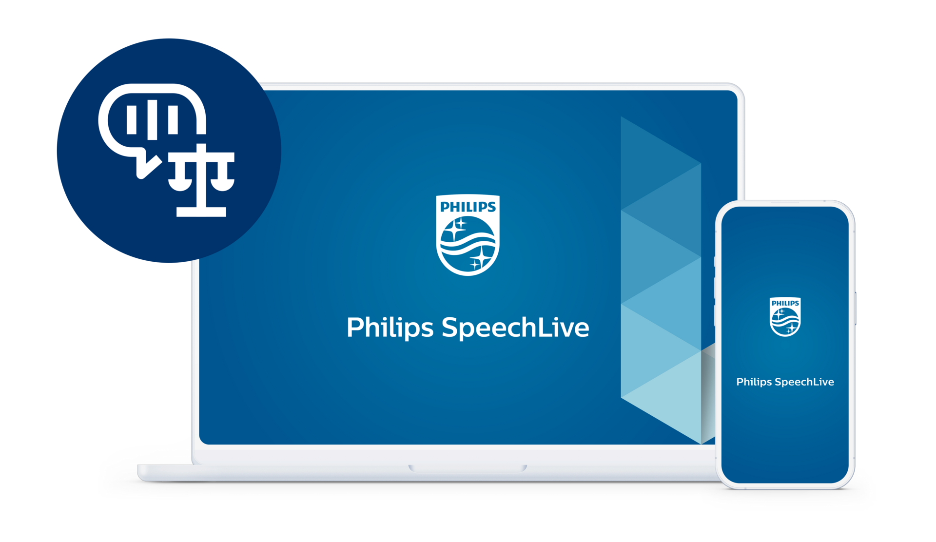 Display of Philips SpeechLive on phone and laptop with dark blue SpeechLive Legal Direct icon
