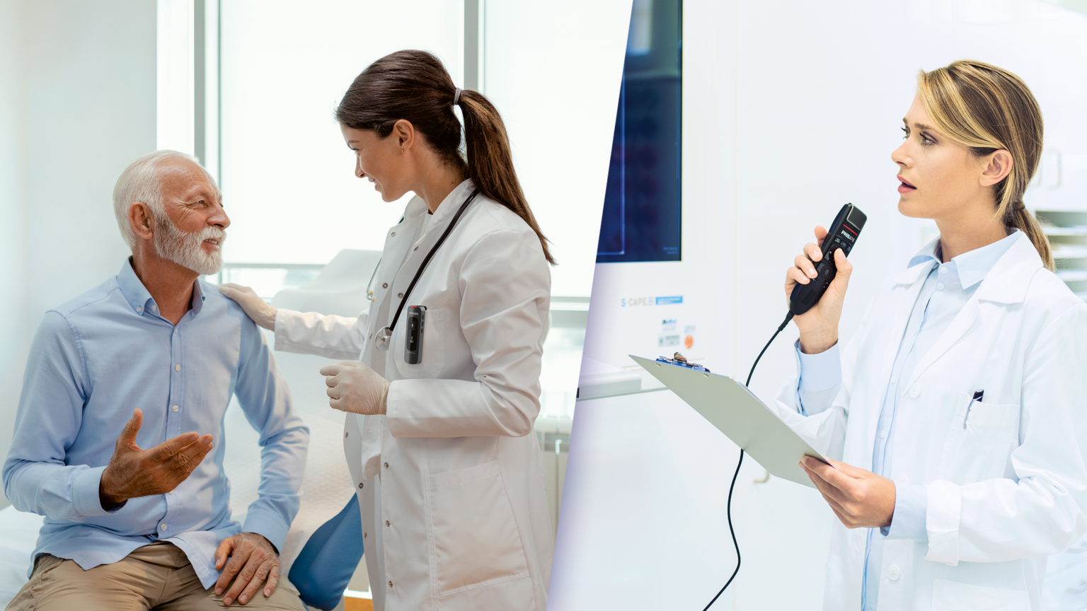 A female doctor wearing a Philips SpeechMike Ambient in a conversation with a patient on the left side. A female doctor dictating with a Philips SpeechMike Premium Touch on the right side.