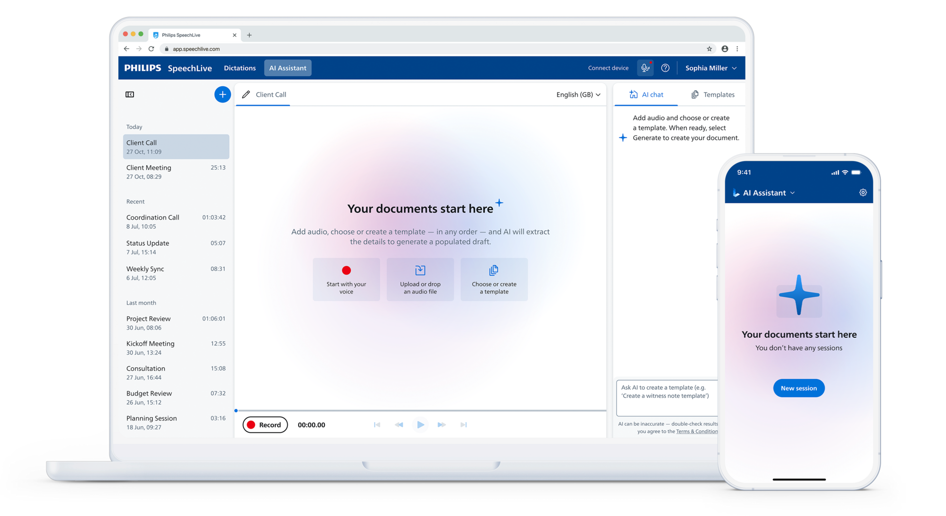 User interface image of a laptop and phone with Philips SpeechLive Professional AI Assistant