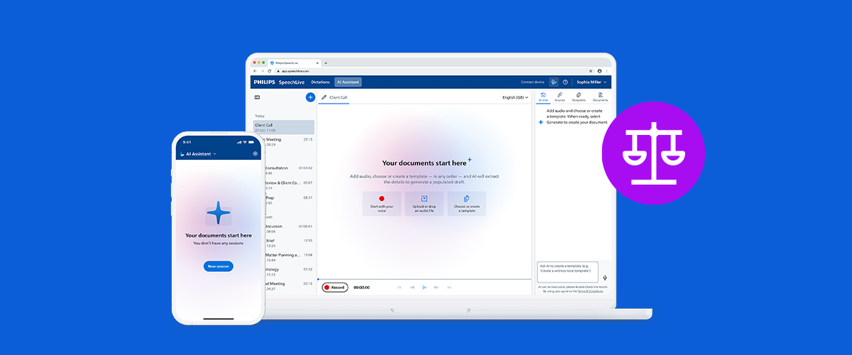 Interface image of Philips SpeechLive Legal AI Assistant on a phone and laptop on a blue background, with a purple icon representing the legal industry.